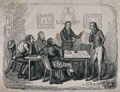 A man in his office is confronted by an innkeepr who presents him with a wine bill, in the presence of other men. Wood engraving.