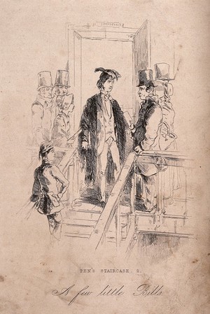 view Arthur Pendennis ("Pen"), as a student at Boniface College, Oxbridge, is confronted by debt collectors at the door of his rooms. Process print after W.M. Thackeray.