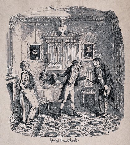 A bailiff (Mr Fixem, centre) calls on an affluent man (left) to enforce payment of a debt, assisted by his assistant (Bung, right). Etching by George Cruikshank.