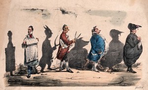 view Four men whose distorted shadows are cast on the wall:a an apothecary casting the shadow of a clyster, a censor casting the shadow of a devil, a hereditary peer casting the shadow of a pig, and a Jesuit casting the shadow of a turkey. Coloured lithograph by J.J. Grandville, 1830.