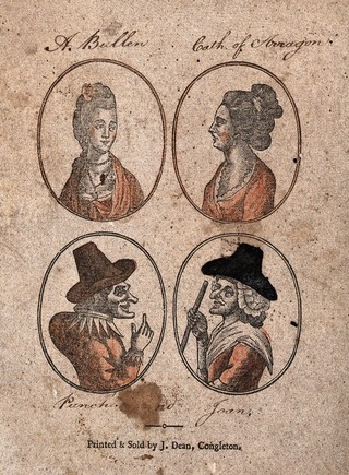 Two women with elaborate hairstyles and necklaces (designated as Anne Boleyn and Catherine of Aragon) and two others wearing hats and fancy dress (Punch and his wife Joan). Coloured wood engraving.