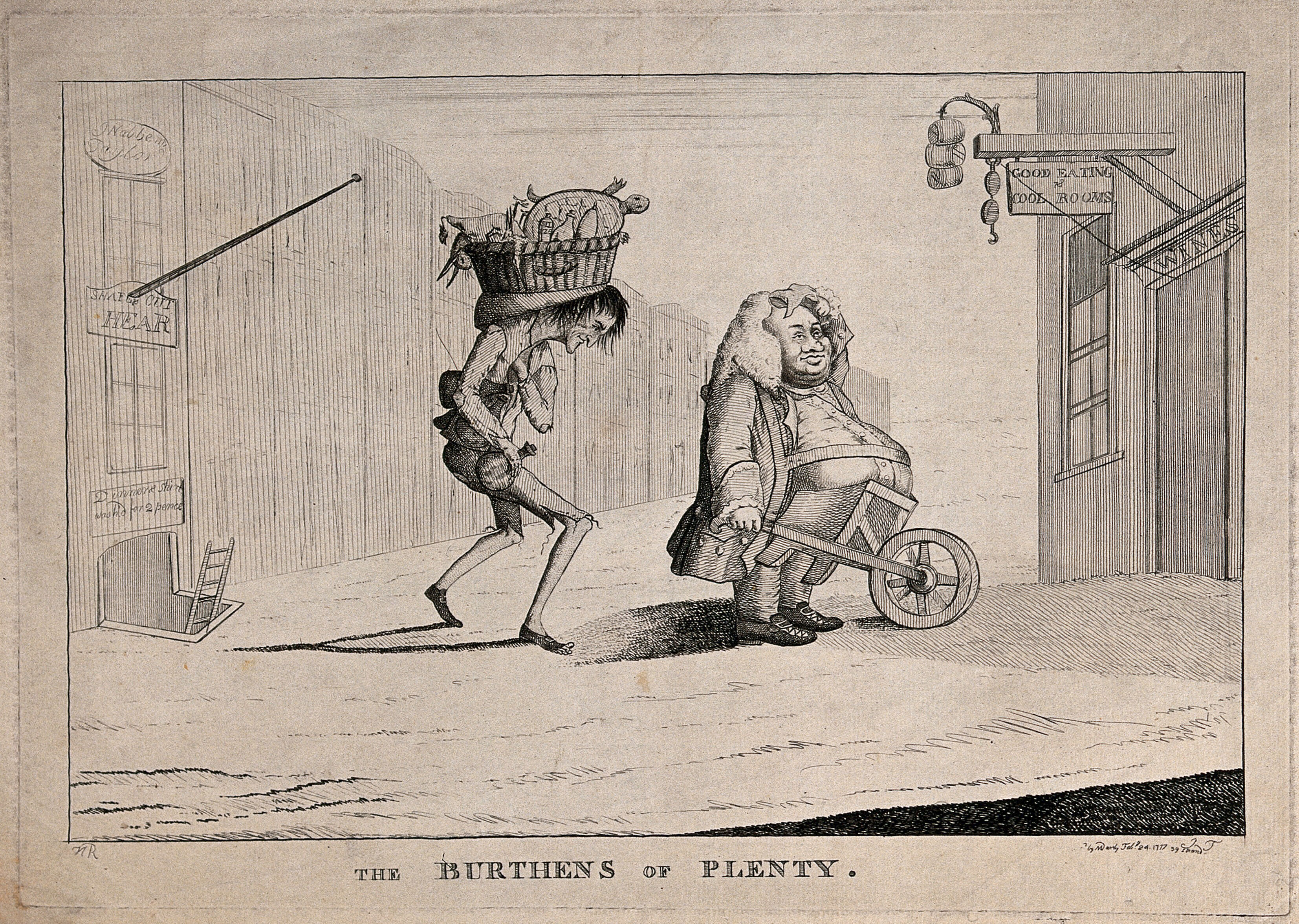 A Fat Man Who Is Supports His Stomach On A Wheelbarrow Is Followed To A Restaurant By A Poor Thin Man Carrying A Basket Of Food On His Head Etching 1777