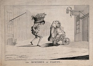 view A fat man who is supports his stomach on a wheelbarrow is followed to a restaurant by a poor, thin man carrying a basket of food on his head. Etching, 1777.