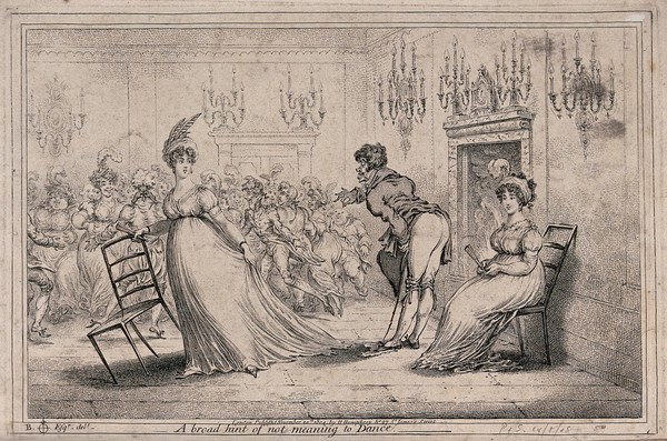 A woman carrying a chair sweeps away from a young man who has approached her, indicating her refusal to dance with him; another young woman is sitting on a chair behind him. Etching by James Gillray, 1804, after B. North.