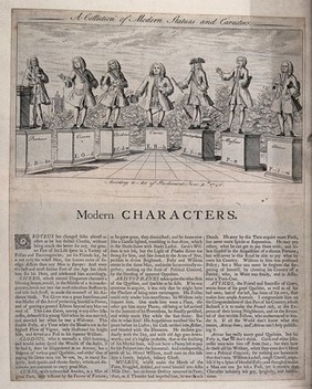 Seven British politicians as statues on plinths inscribed with the names of ancient characters as well as their own names in abbreviation. Engraving, 1746.