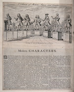 view Seven British politicians as statues on plinths inscribed with the names of ancient characters as well as their own names in abbreviation. Engraving, 1746.