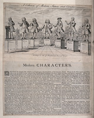 Seven British politicians as statues on plinths inscribed with the names of ancient characters as well as their own names in abbreviation. Engraving, 1746.