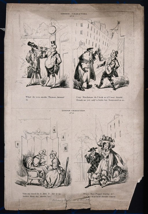 Two men stand together in the street, wearing coats and top hats and smoking from holders; a man staggers down the street and bumps into the watchman. Etching.