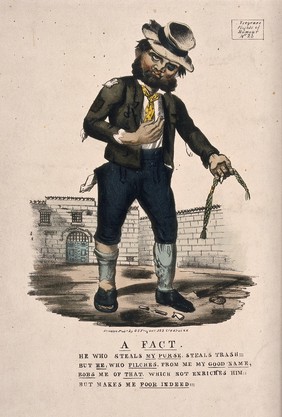 A ragged looking man is standing in a prison courtyard with a piece of rope in his hand; representing scorn of material wealth by a man who has none. Coloured lithograph.
