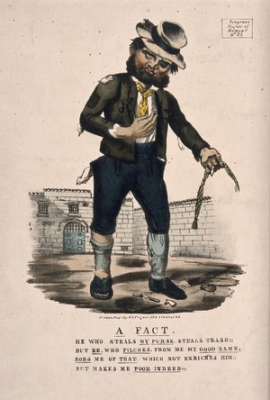 view A ragged looking man is standing in a prison courtyard with a piece of rope in his hand; representing scorn of material wealth by a man who has none. Coloured lithograph.