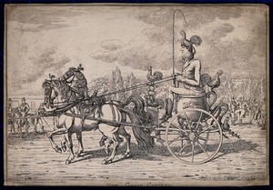 view Robert Coates riding on a large cauldren pulled by two horses with a chicken on his head. Etching by C. Williams, 1812.