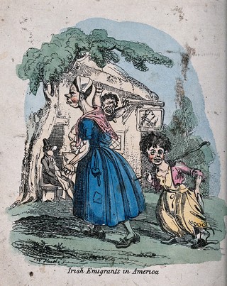 Irish emigrants in America: a woman with two children, and a man sitting outside an inn smoking a pipe. Coloured etching after William Heath.