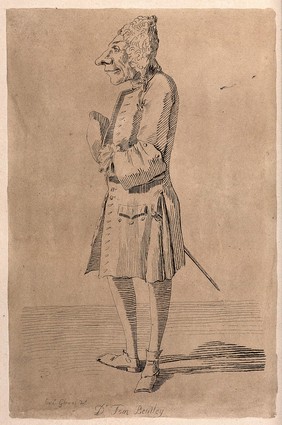 Dr Thomas Bentley wearing a wig and a sword. Etching by A. Pond after P.L. Ghezzi.