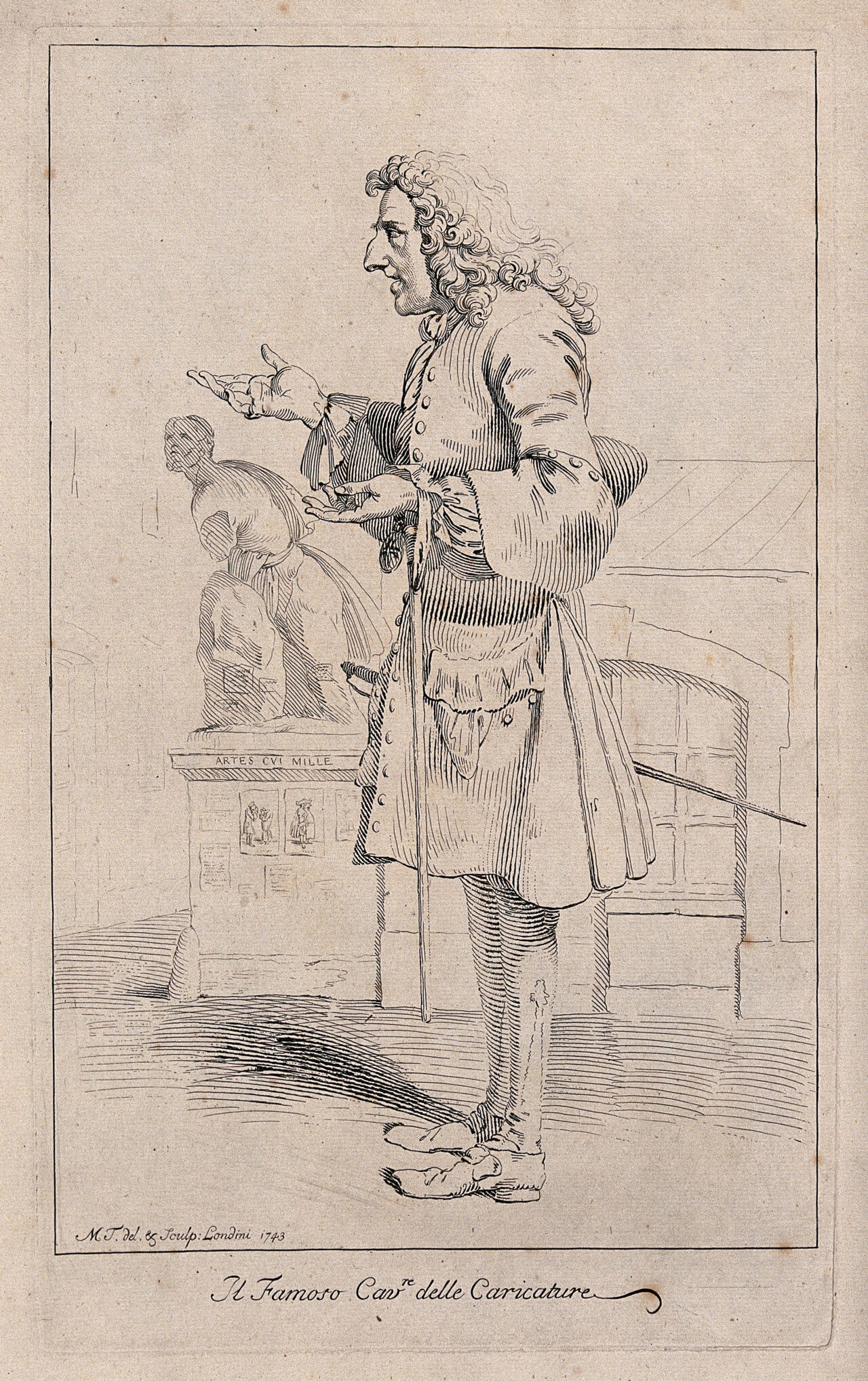 Pier Leone Ghezzi as the "knight of caricature", carrying a stick and making a gesture with both hands. Etching by M. Tuscher, 1743., 1740-1749, by Carl Marcus Tuscher