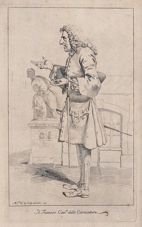 Pier Leone Ghezzi as the "knight of caricature", carrying a stick and making a gesture with both hands. Etching by M. Tuscher, 1743.