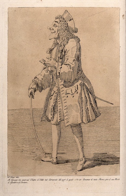 A man in a wig and a hat, carrying a stick has his hands outstretched. Etching after P.L. Ghezzi.