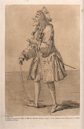 Francesco Baglioni, called Carnacci, actor-singer, carrying a stick, with his right hand raised. Etching by A. Pond after P.L. Ghezzi.