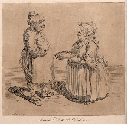 "Madame Petit" and her cook: a woman holding a dish out to a man wearing an apron and a cook's hat. Etching by A. Pond, 1741, after P.L. Ghezzi.