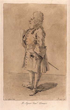 view Sir Thomas Dereham, wearing a wig, standing with his hand in his pocket. Etching by Arthur Pond after P.L. Ghezzi.