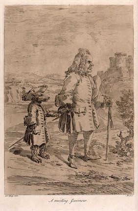 Dr Robert Hay portrayed as a "bearleader" (a travelling tutor) in Rome, leading a bear dressed in a frock coat. Etching by Arthur Pond, 1737, after P.L. Ghezzi.