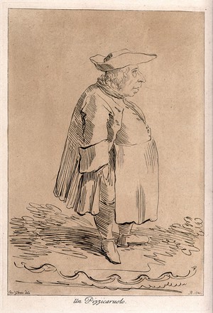 view A fat man wearing a coat and hat standing with his hand in his pocket; described as "un pizzicaruolo". Etching by A. Pond, 1741, after P.L. Ghezzi.