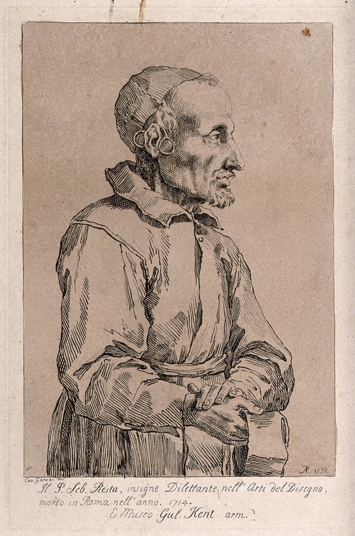 A man wearing a skull cap and holding another cap in his hand. Etching by Arthur Pond after P.L. Ghezzi.