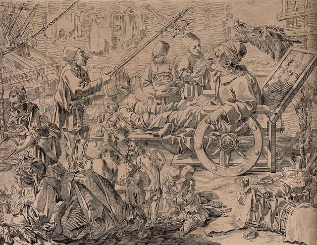 An old man is sitting in a cart being offered food, women are cooking and children are playing and eating. Etching by Arthur Pond after P.L. Ghezzi.