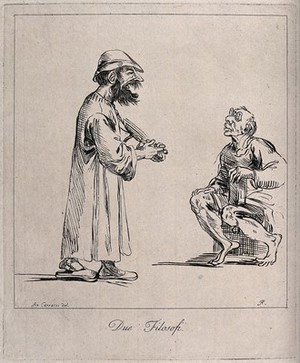 view A man with large spectacles is sitting on a seat peering at a man who is approaching him. Etching by Arthur Pond after Annibale Carracci.