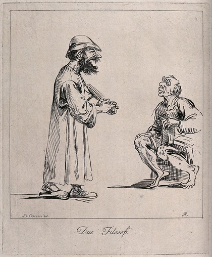 A man with large spectacles is sitting on a seat peering at a man who is approaching him. Etching by Arthur Pond after Annibale Carracci.