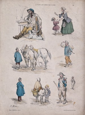 view Figures and vignettes: a man is asleep with a dog by his side, a child is being scolded by a woman, a soldier stands with a gun, etc.. Coloured lithograph by the Becquet brothers after V. Adam, 1852.