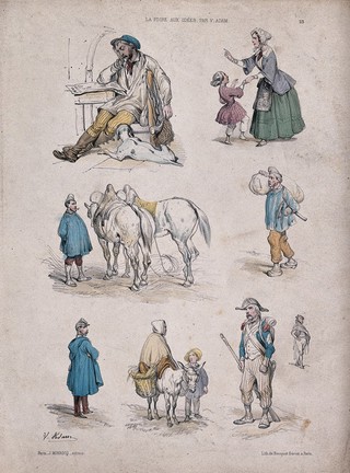 Figures and vignettes: a man is asleep with a dog by his side, a child is being scolded by a woman, a soldier stands with a gun, etc.. Coloured lithograph by the Becquet brothers after V. Adam, 1852.