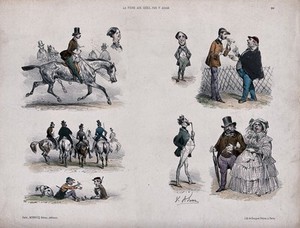 view Figures and vignettes: men are on riding on horse back, a jockey sits on the ground waving his hands and a large couple walk arm in arm. Coloured lithograph by the Becquet brothers after V. Adam, 1854.