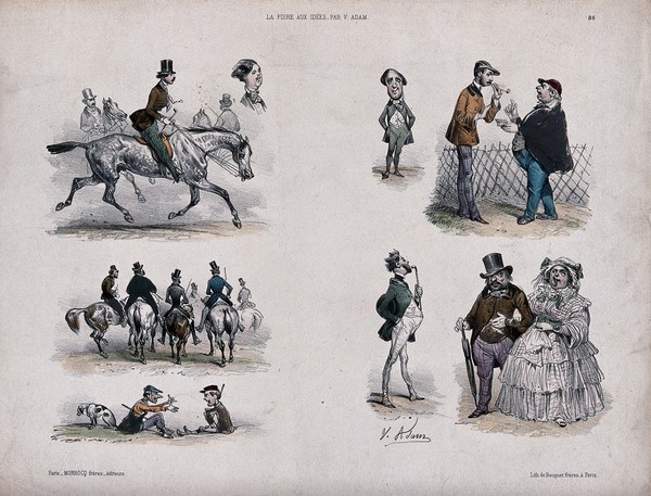 Figures and vignettes: men are on riding on horse back, a jockey sits on the ground waving his hands and a large couple walk arm in arm. Coloured lithograph by the Becquet brothers after V. Adam, 1854.