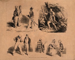 view A captain talks to two soldiers, a man is hiding behind a tree from approaching soldiers, two old men stand talking, an artist is sketching, and an elderly couple are laughing together. Lithograph by Joseph Louis-Hippolyte Bellangé.