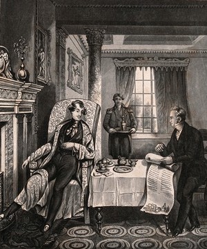 view A young nobleman listens as a lawyer tells him he has come into his inheritance. Aquatint after H. Dawe, 184-.