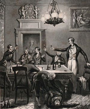 view A drunken party for friends of a nobleman who has inherited a large estate. Aquatint after H. Dawe, 184-.