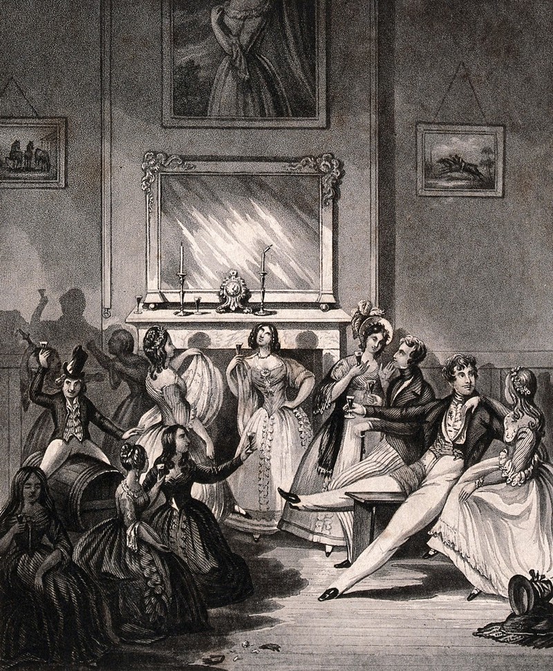 A nobleman and his friends drink with prostitutes in a brothel. Aquatint after H. Dawe, 184-., [between 1840 and 1849], by Henry Dawe