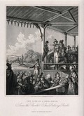 view A nobleman surrounded by bookmakers places bets at a horse-race. Aquatint after H. Dawe, 184-.