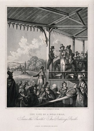 A nobleman surrounded by bookmakers places bets at a horse-race. Aquatint after H. Dawe, 184-.