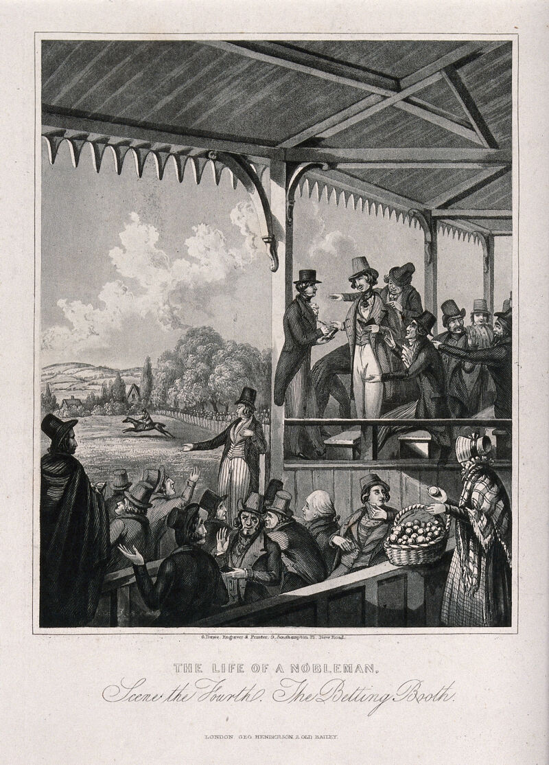 A nobleman surrounded by bookmakers places bets at a horse-race. Aquatint after H. Dawe, 184-., [between 1840 and 1849], by Henry Dawe