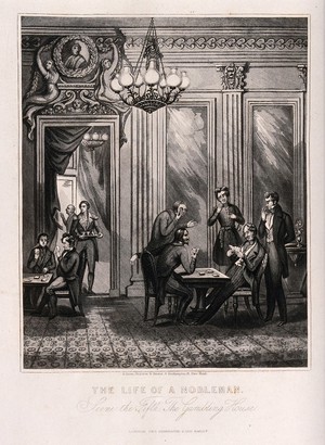 view A nobleman losing money playing cards in a grandly-appointed gaming house. Aquatint after H. Dawe, 184-.