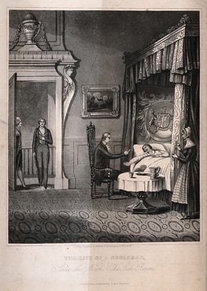 view A nobleman lying ill in a four poster bed converses with another man as a maid pours him a drink. Aquatint after H. Dawe, 184-.