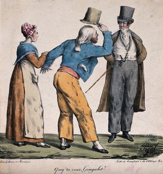 A louche man approaches  a well-dressed man who has looked at hs girlfriend and asks him "What do you want, clown?". Coloured lithograph by E.J. Pigal. 1822.