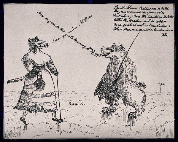 Two polar bears meet near the North Pole: despite the cold, the female bear is wearing an off-the-shoulder dress, which the male bear attributes to high tolerance of cold among northern females. Lithograph by CMK (?).