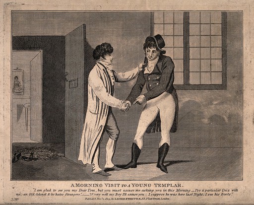 A door stands open as a young man in less formal dress has come to meet another dressed in outdoor clothing. Engraving.