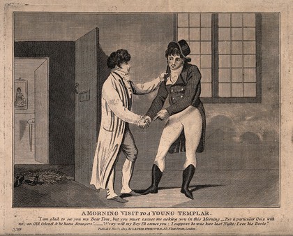A fashionably dressed young man pays a visit to his friend in the Temple, but the friend claims he cannot receive him as has a male visitor, concealing the fact that has a woman in his chambers. Etching, 1803.