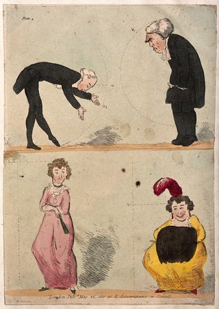 A man is being taught how to bow, and a woman how to curtsey. Coloured etching, 1801.