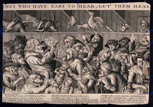 A man stands inside a barrel surrounded by a crowd of people some with bandages and some with books in their hands. Engraving by T. Sanders after Tim Bobbin (John Collier).