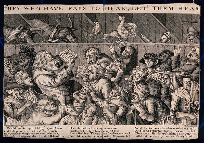 A preacher standing inside a barrel and preaching repentance arouses guilt, alarm and confusion in the minds of his audience. Engraving by T. Sanders after Tim Bobbin (John Collier)., May 1773, by John Collier