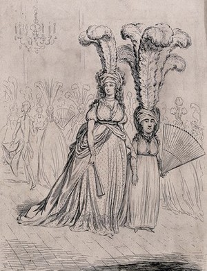 view A tall woman wears short feathers in her headdress and a short woman wears tall feathers in hers. Etching by James Gillray, 1795.